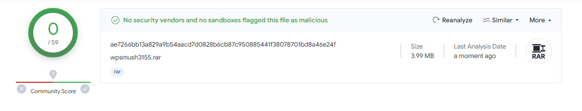 Rezultat Virustotal-a koji nam prikazuje da .rar fajl nema nikakvih virusa