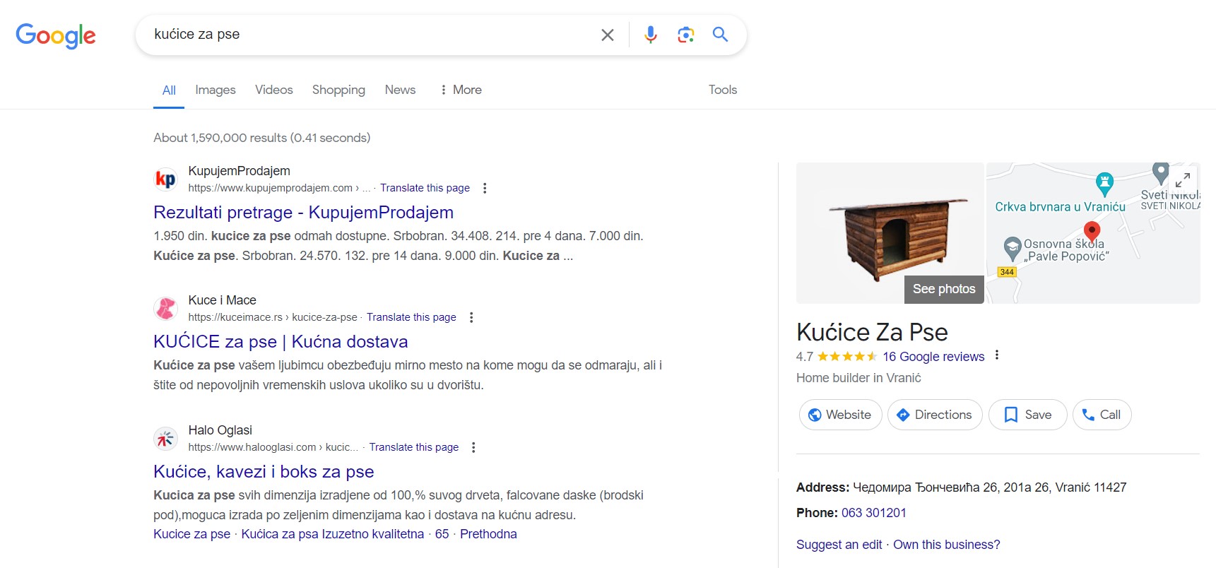 Kućice za pse kao primer SERP-a