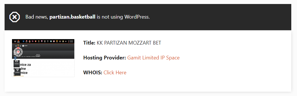 Prozor koji nam govori da određeni sajt ne koristi WordPress